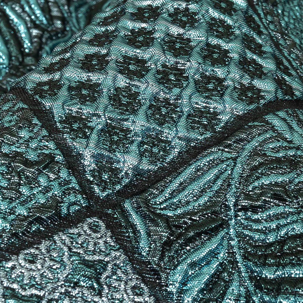 Metallic Turquoise, Powder Blue and Evergreen Patchwork Squares Luxury Brocade - Joann Fabrics