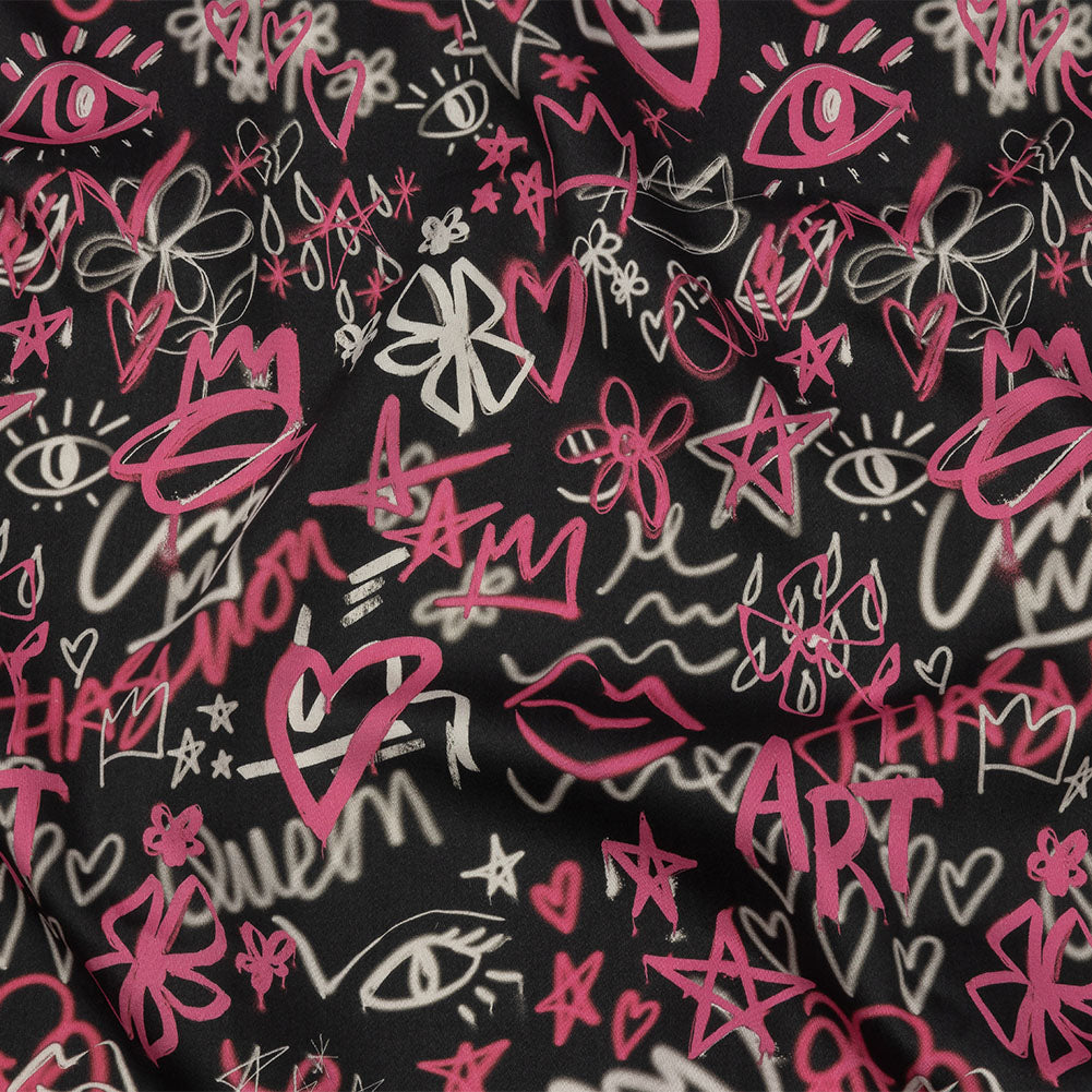 Stretch Cotton Sateen - Pink and Black Graffiti Doodles - Spontaneous Collaboration Print - Mood Exclusive Metro Collection - Joann Fabrics