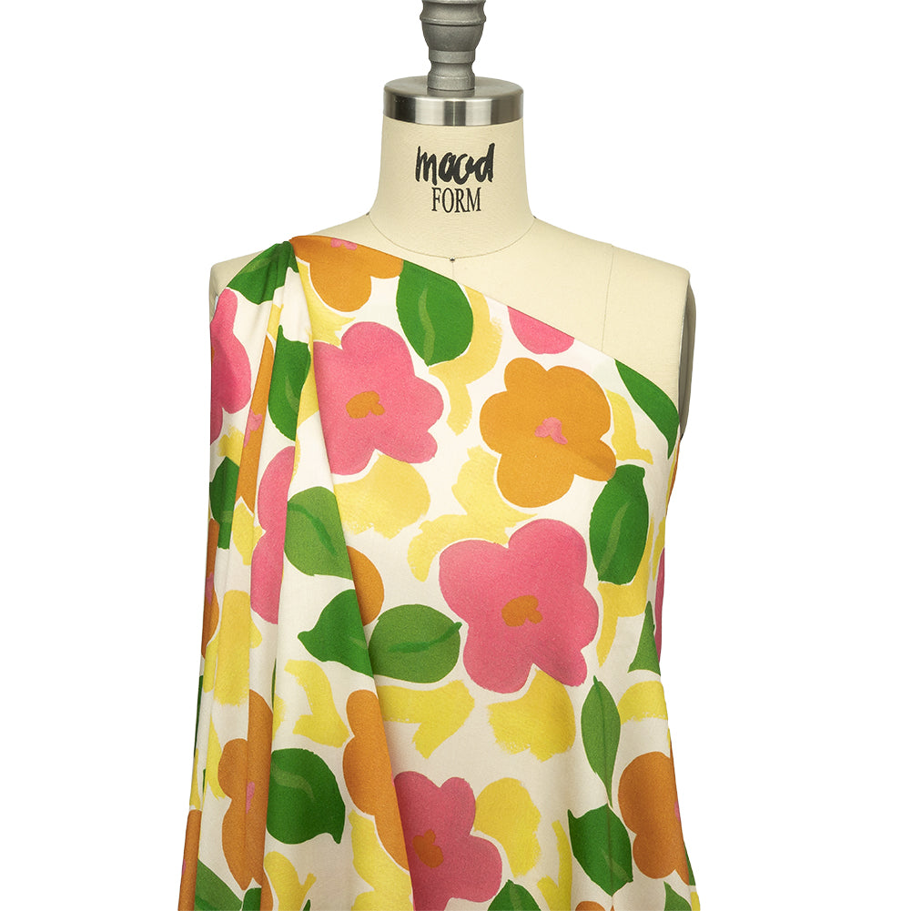 Rayon Challis - Pink and Orange Simplistic Floral - Chalk Party Print - Mood Exclusive Citrus Collection - Joann Fabrics