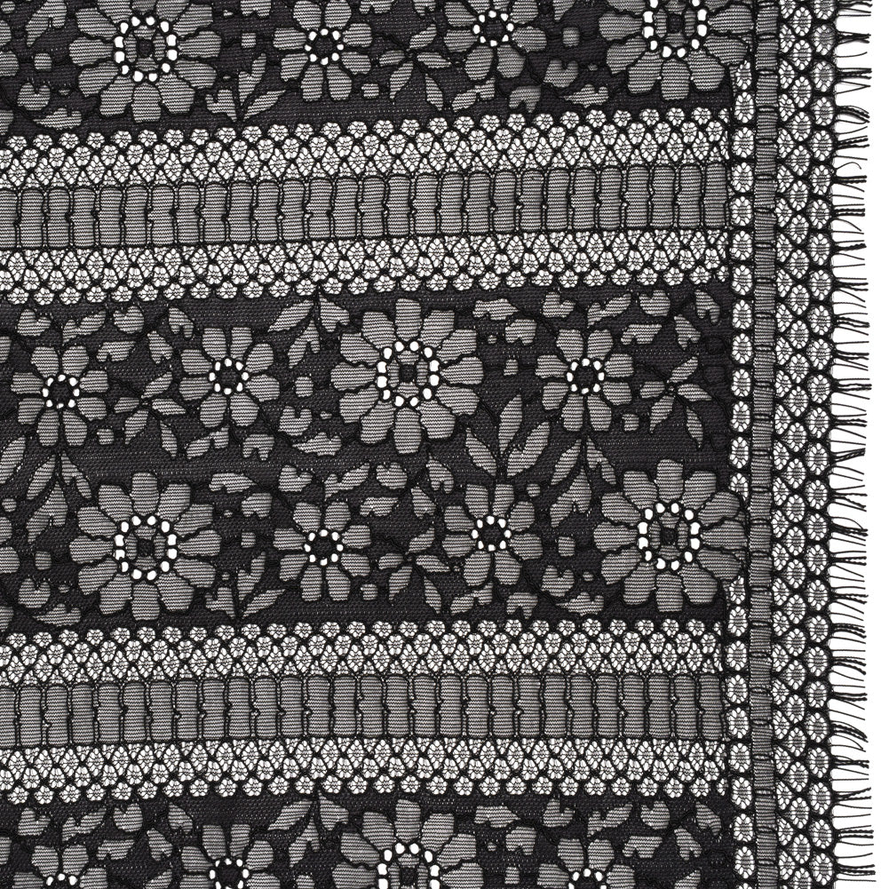 Corded Lace with Eyelash Fringe Edges - Black Floral and Geometric Stripes - Joann Fabrics
