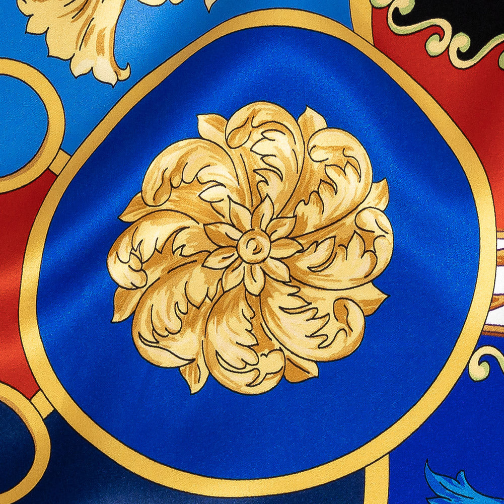 Mood Exclusive Italian Cobalt, Golden Oak and Hot Coral Ornate Digitally Printed Silk Charmeuse - Joann Fabrics