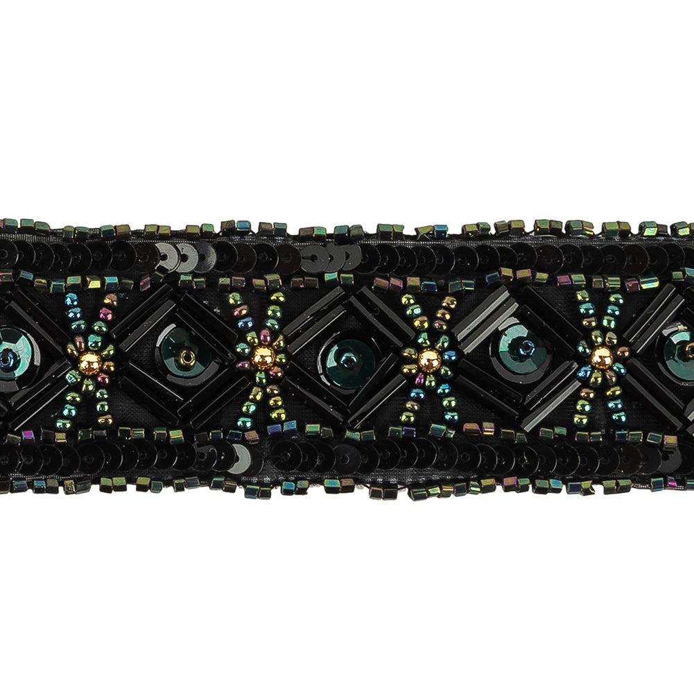 Vintage Green Iris Geometric Beaded and Sequins Trimming - 1.25