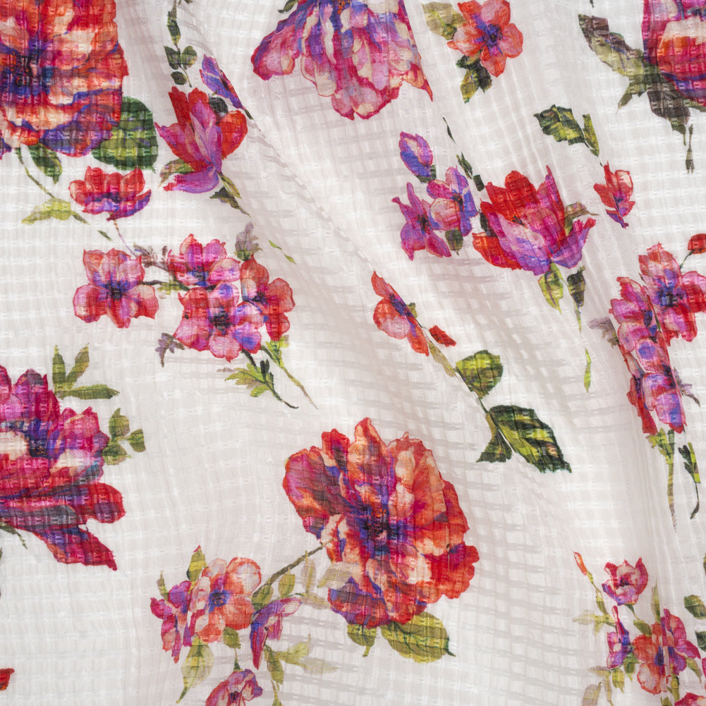 Ruched Silk Blend Striped Dobby Made in Italy - Pink, Ultramarine and Green Floral - Deadstock - Joann Fabrics