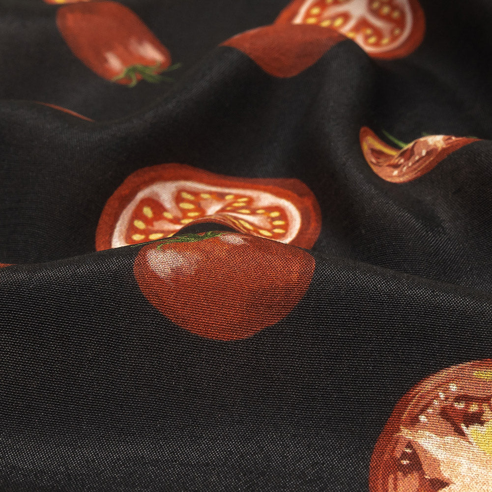 Sustainable Viscose Woven Print - Jet Set Black and Red Tomatoes - Mood Exclusive Homegrown Haute Couture - Joann Fabrics