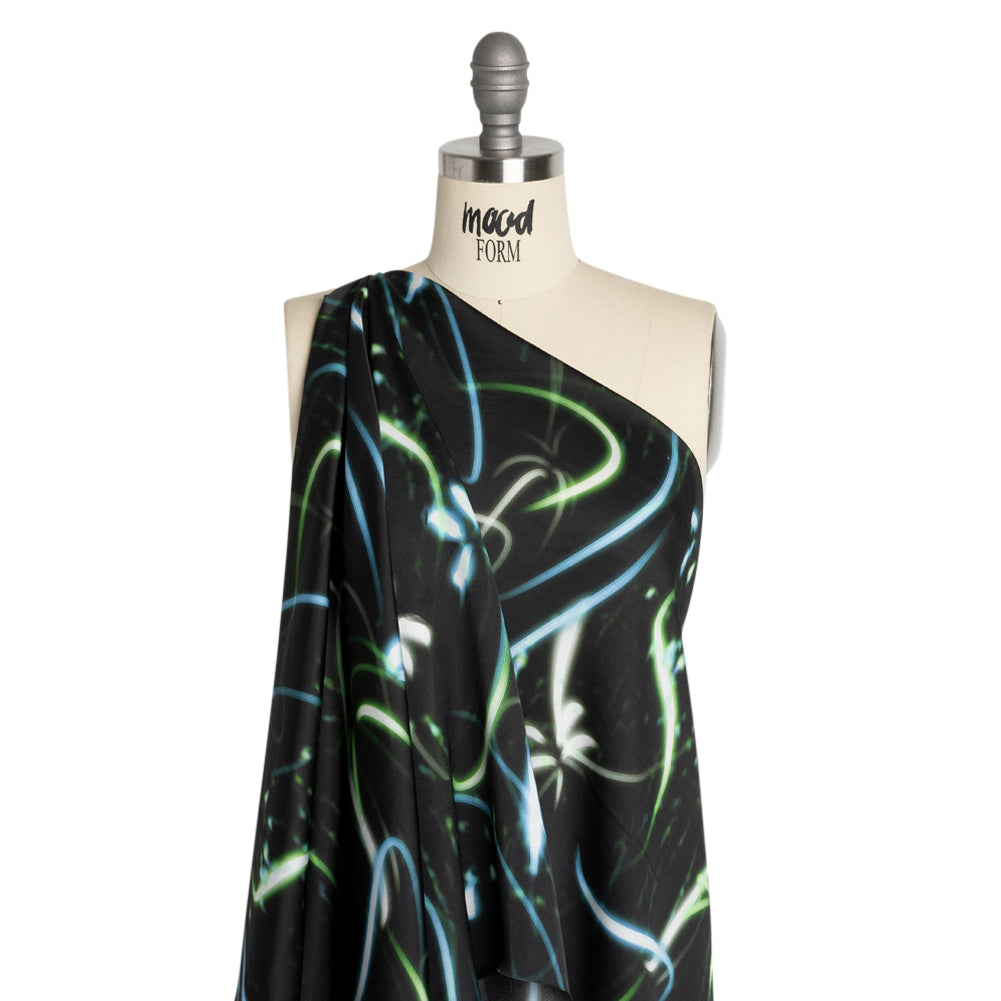 Sustainable and Recycled Viscose Satin Print - Green and Blue Light Streaks - Mood Exclusive Shutter Speed Racer - Joann Fabrics