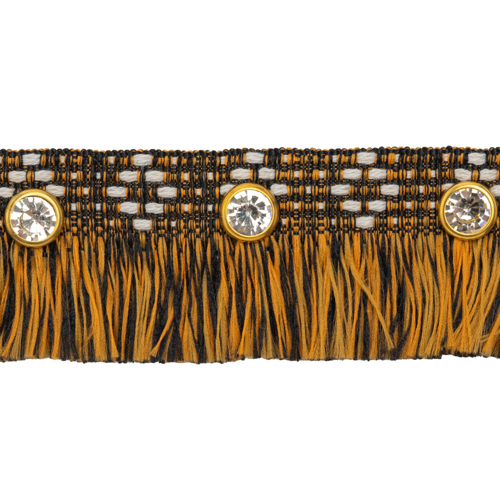 Yaya Han Brush Fringe Trim with Rhinestones - Black, Orange and Gold Geometric, 1.25