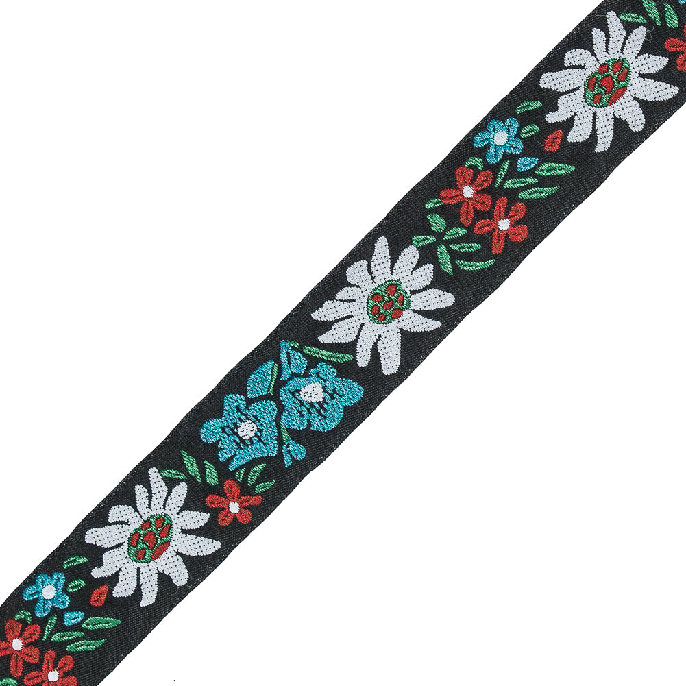 Black, White, and Blue Floral Jacquard Ribbon - 1