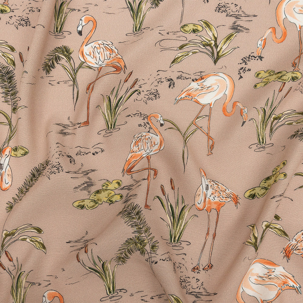 Sustainable Viscose Woven Print - Taupe, Pink and Green Flamingoes and Plants - Mood Exclusive Flamingo Festivities - Joann Fabrics