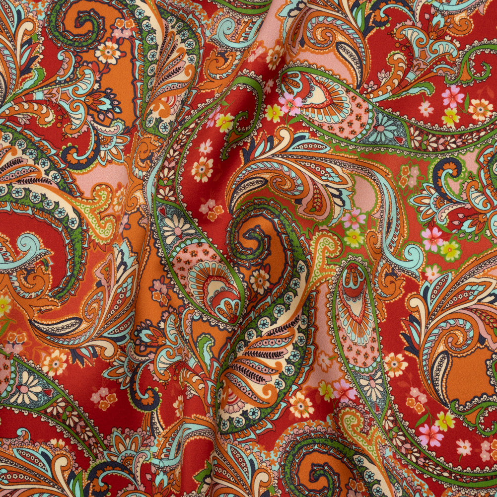 Silk Charmeuse Print 16MM, Made in Italy - Red, Orange and Green Fancy Paisley - Joann Fabrics