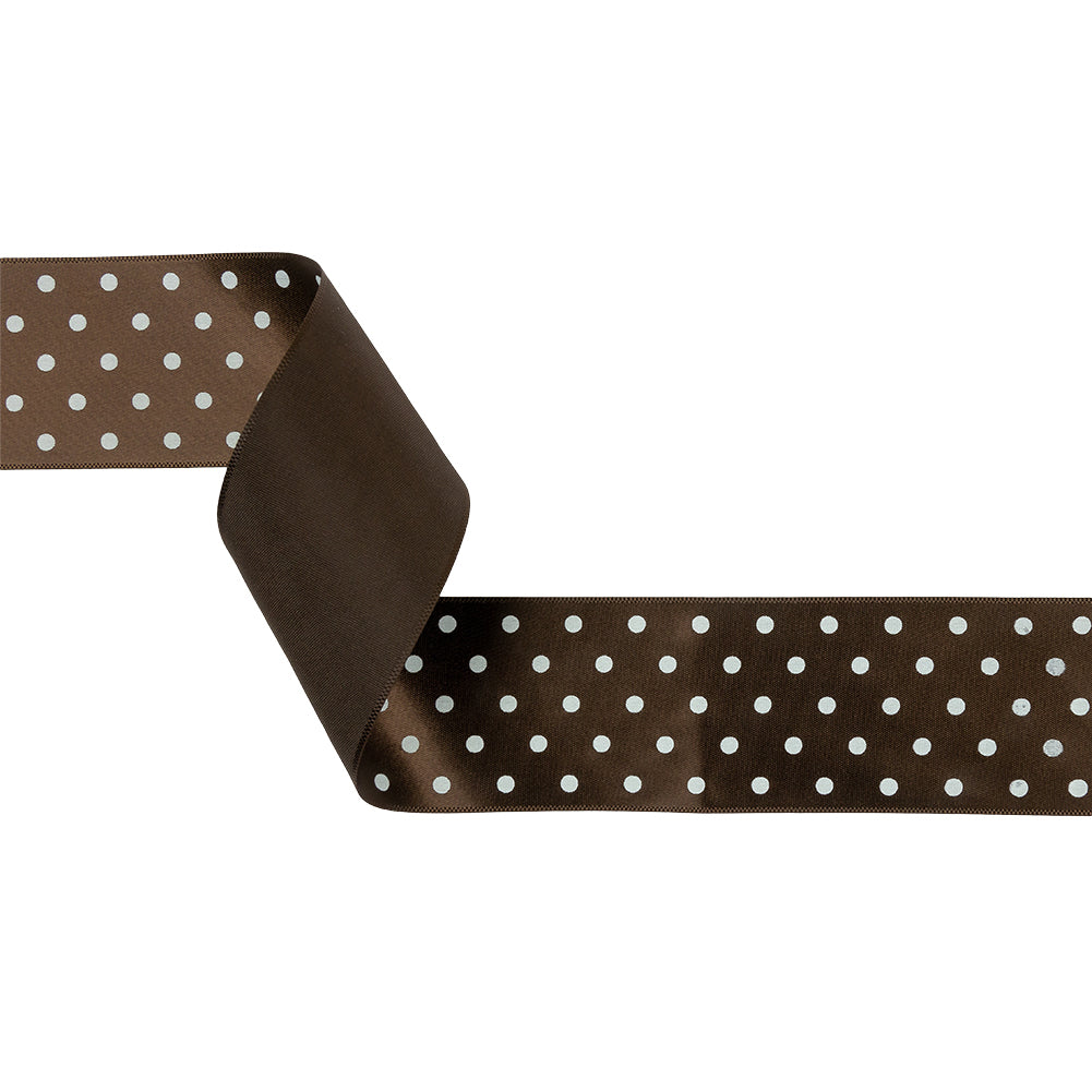 Brown and White Polka Dot Satin Ribbon - 1.5