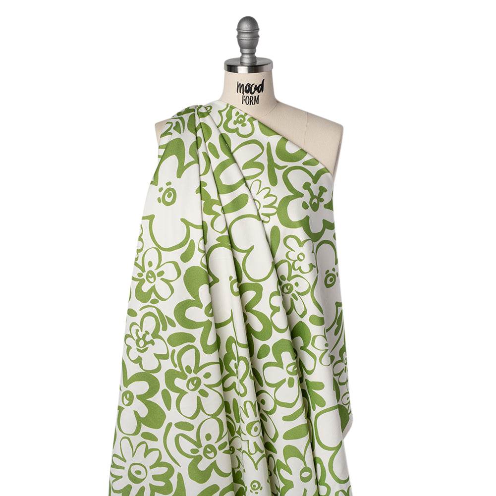 Brushed Cotton Woven - Green and Off White Flower Doodles - Mood Exclusive Sweet Scribbles Print - Joann Fabrics