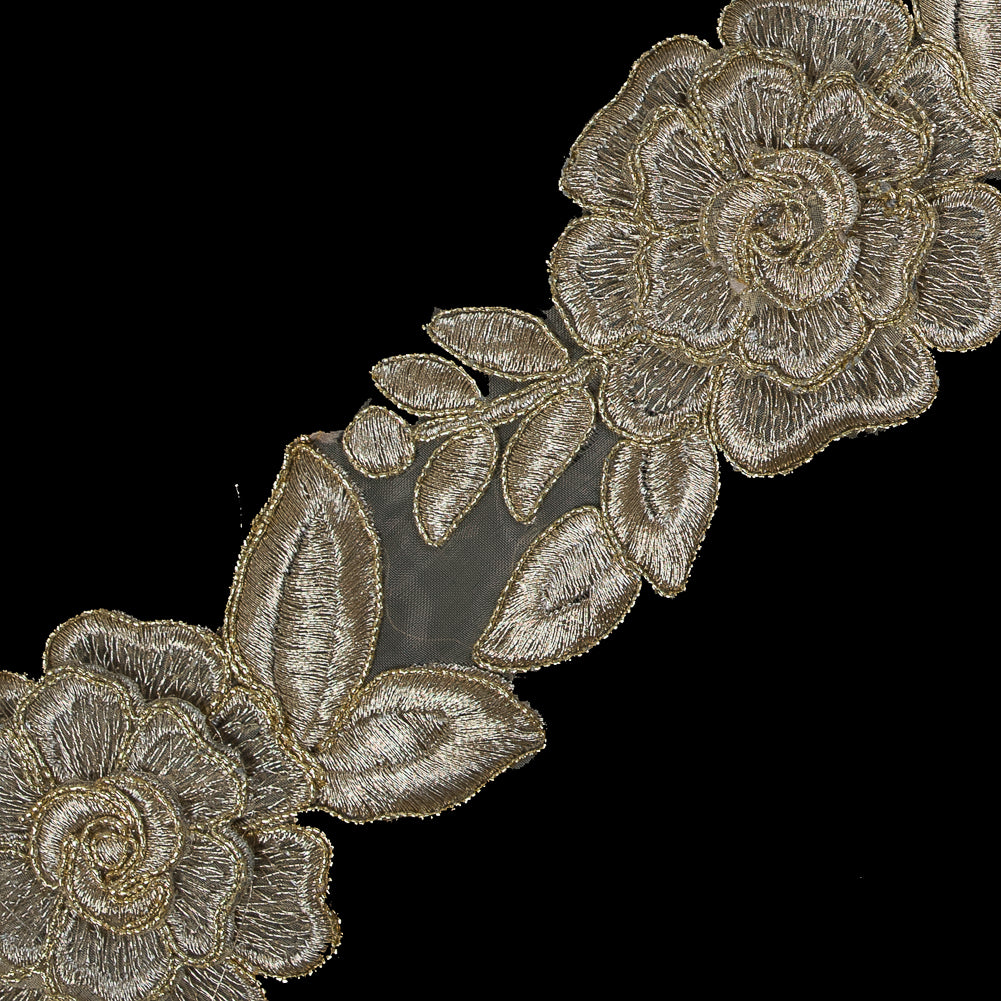3D Metallic Gold Re-Embroidered Floral Organza Trim - 2.25