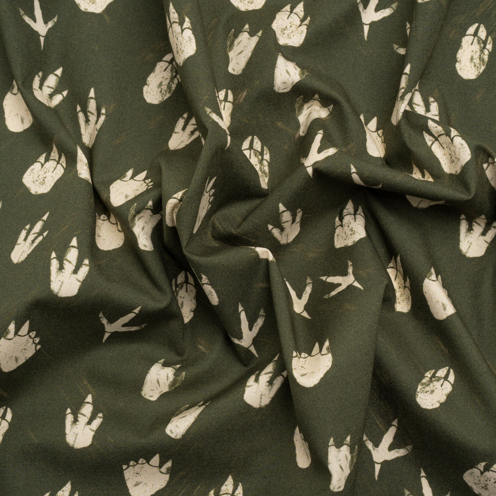 Stretch Cotton Poplin Print - Dark Olive Dinosaur Footprints - Mood Exclusive Jurassic Jubilee - Joann Fabrics