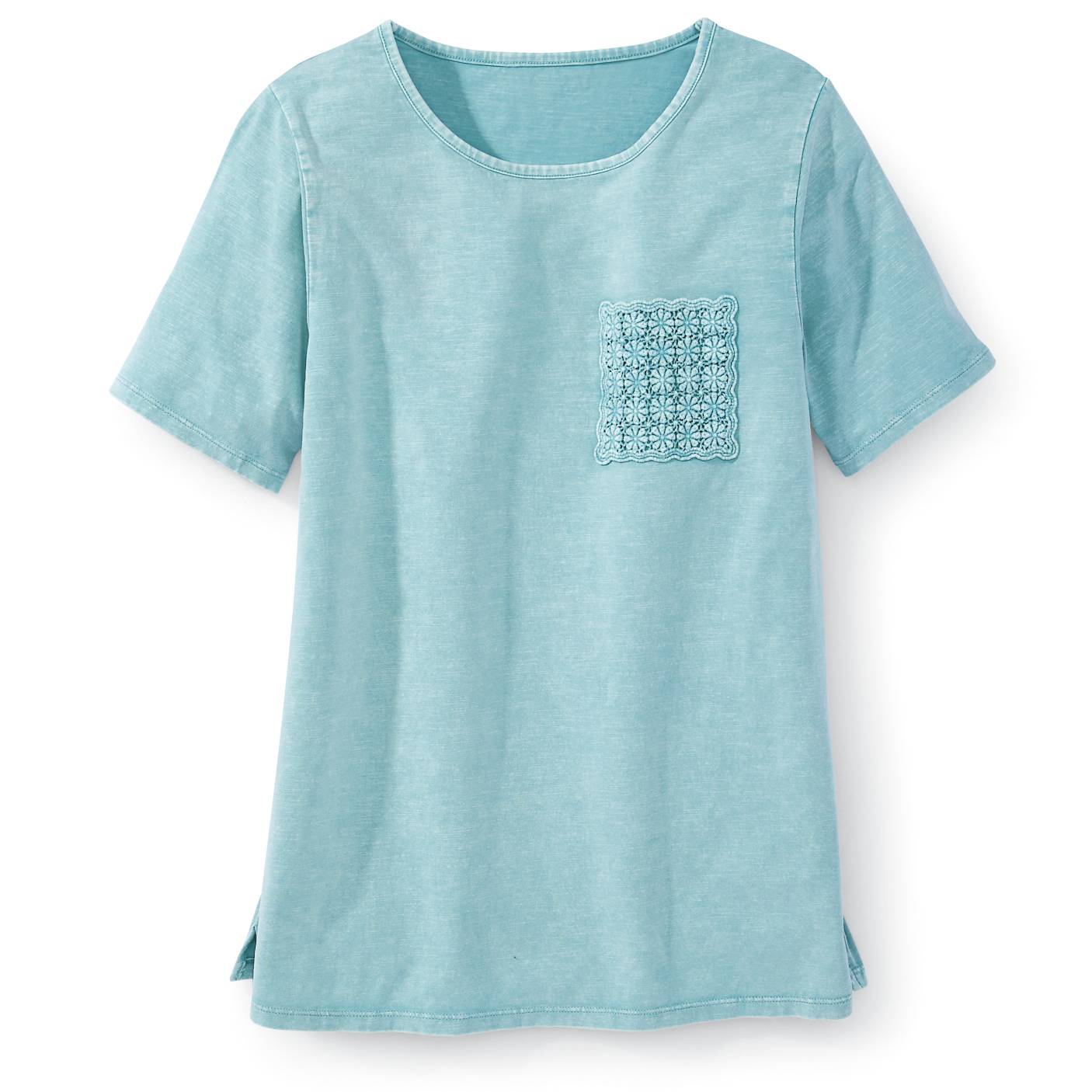Crochet-Pocket Vintage Wash Top, Short Sleeves, Side Slits - Northstyle Catalog