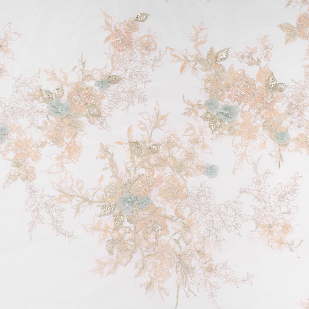 Embroidered and Beaded Tulle Panel with 3D Fabric Flowers - Peach, Light Blue and Silver Roses - Joann Fabrics