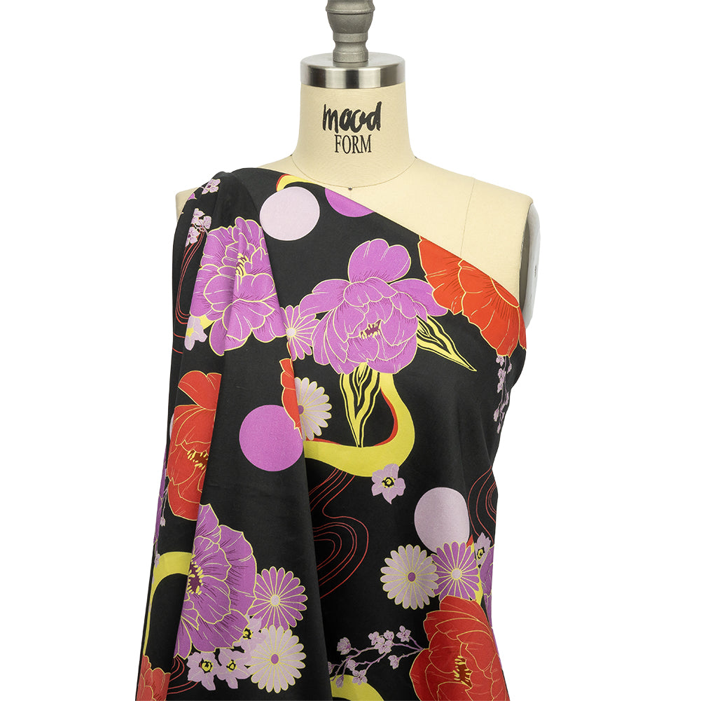 Stretch Cotton Sateen - Black, Red and Purple Floral - Japanese Daydreams Print - Mood Exclusive Groove Collection - Joann Fabrics