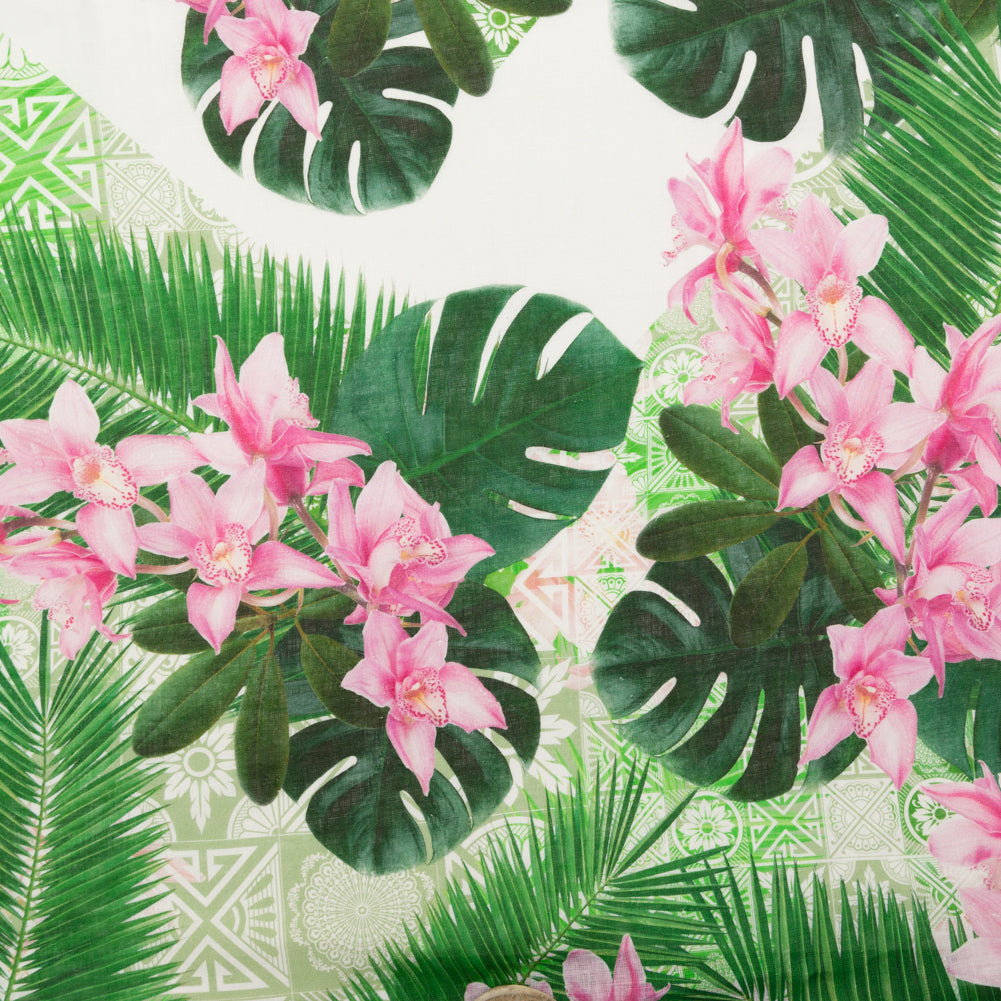 Pesto Palms and Pink Lilies Printed Linen Woven - Joann Fabrics