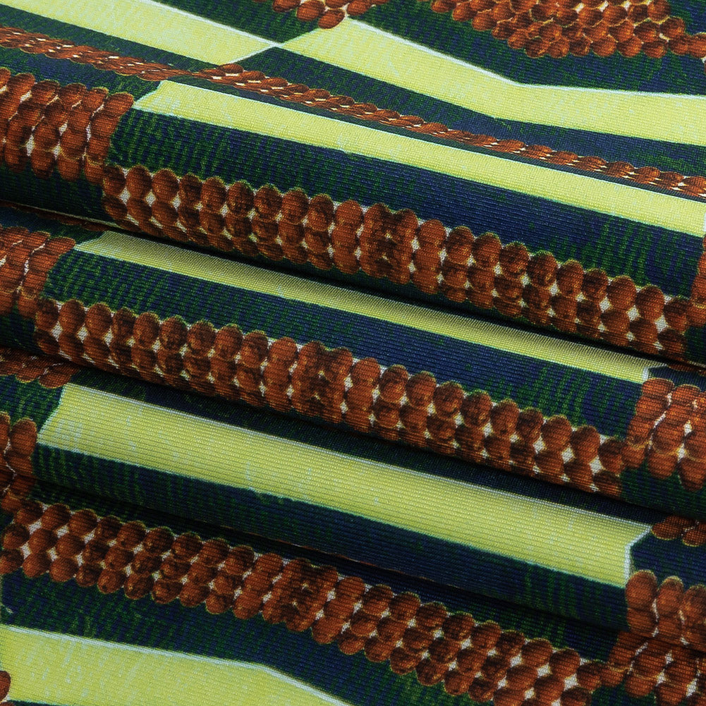 Compression Swimwear Tricot, UV Protective with Aloe Vera Microcapsules - Ambrosia, Green and Wooden Beads Geometric - Caye Collection - Joann Fabrics