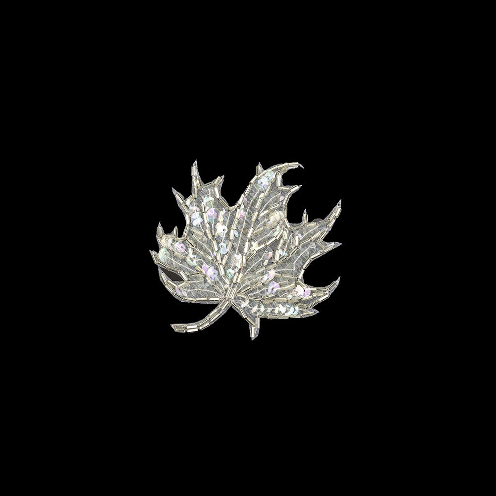Vintage Crystal Iris Sequins and Bugle Beaded Leaf Applique - 3.75