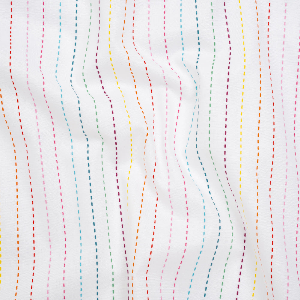 Printed Quilting Cotton by Ghazal Razavi for FIGO Studio - Rainbow and White Dashed Stripes - Dovetail Collection - Joann Fabrics