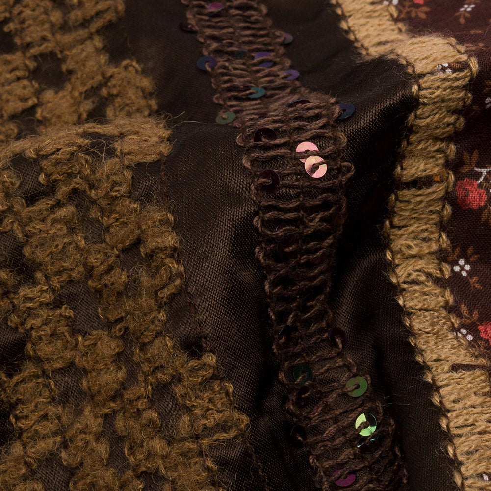 Brown, Beige and Red Wool Boucle Embroidered Polyester Satin with Sequins and Floral Applique Stripes - Joann Fabrics