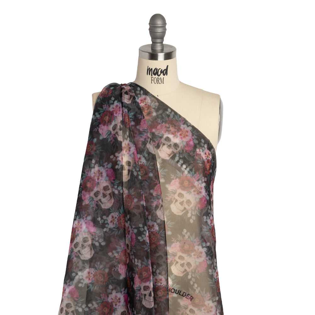 Polyester and Viscose Organza - Black, Pink and Ivory Flower Skulls - Joann Fabrics
