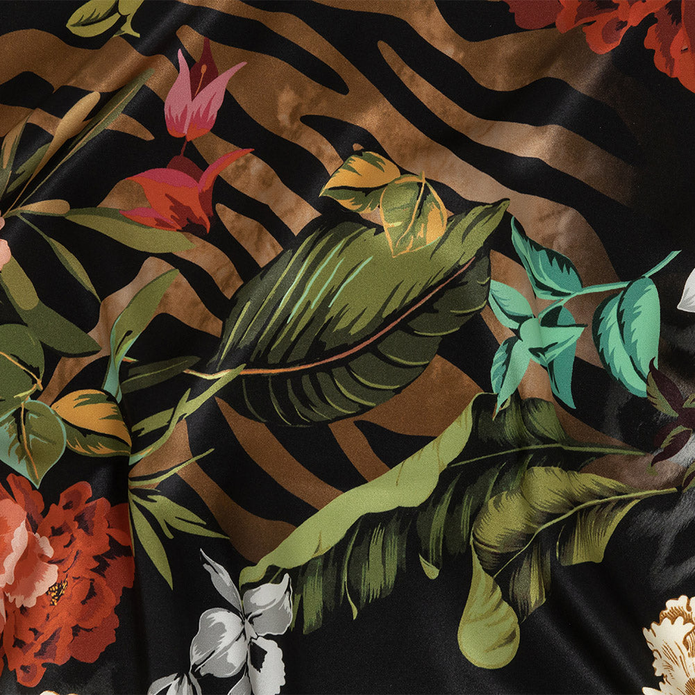 Mood Exclusive Italian Black, Red and Green Animal Markings and Flora Digitally Printed Silk Charmeuse - Joann Fabrics