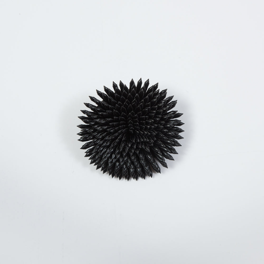 Italian Black Faux Leather Flower Brooch - 2