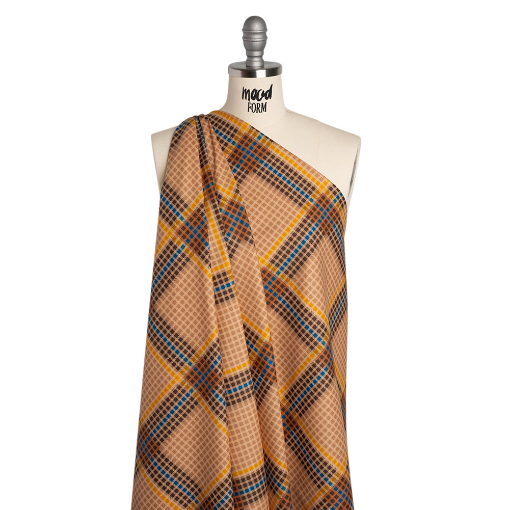 Peached Polyester Twill - Brown, Blue and Yellow Plaid - Mood Exclusive Plot Point Print - Joann Fabrics