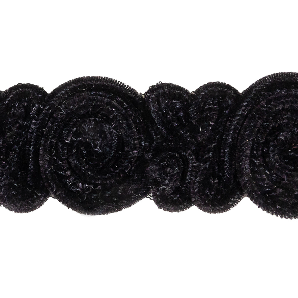 Black Plush Roses Chenille Trim on Mesh Backing - 1.625