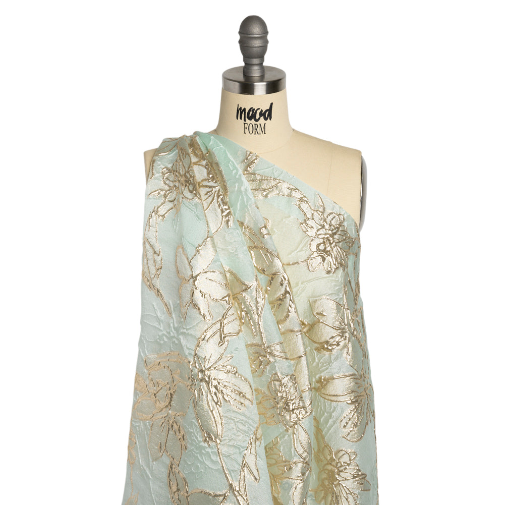 Metallic Gold and Aqua Floating Flowers Luxury Burnout Brocade - Joann Fabrics