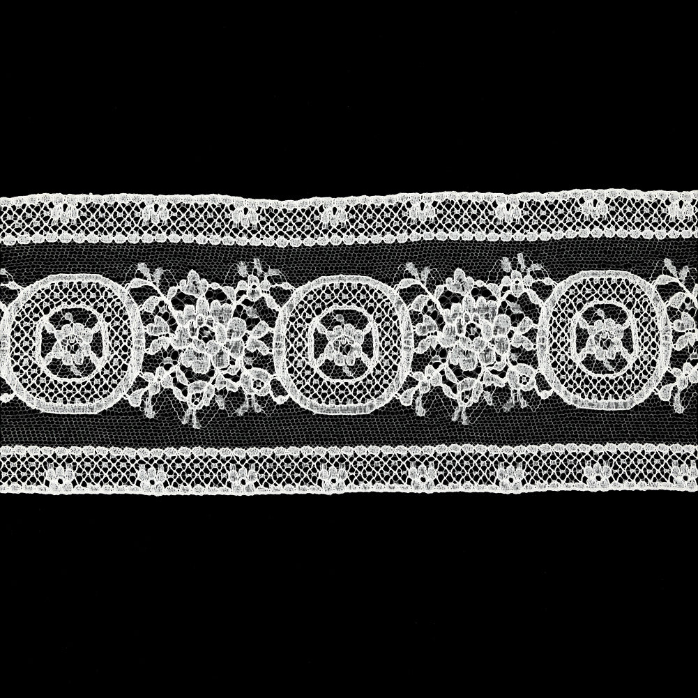 White Flowers and Medallions Re-embroidered Lace Trim - 3.375