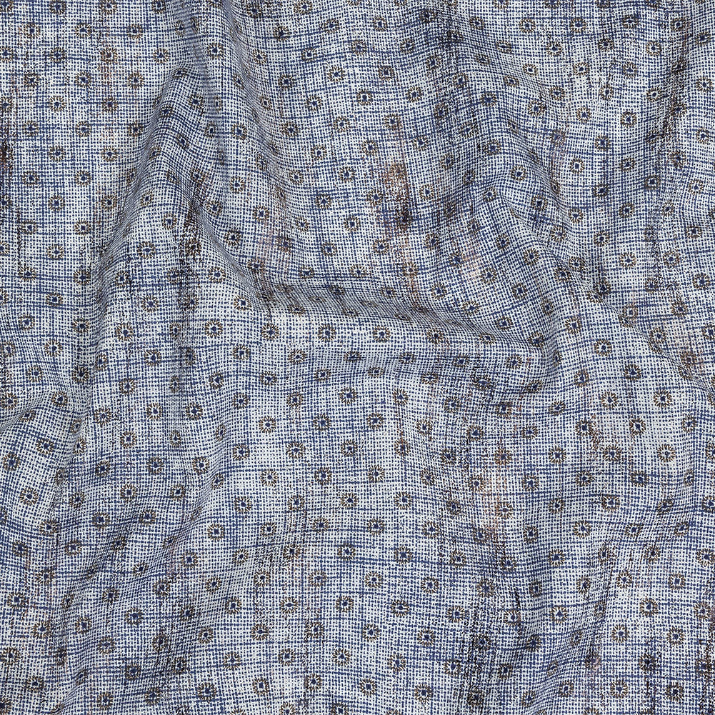 Brown and Blue Flowers and Dots Cotton and Polyester Shirting with Distressed Foil Topcoat - Joann Fabrics