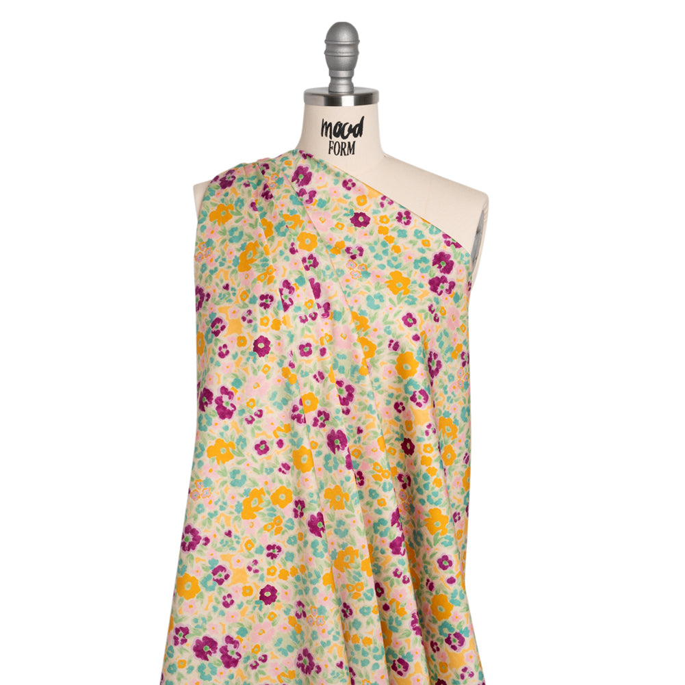 Stretch Cotton Sateen - Yellow and Plum Floral - Midsummer Meadow Print - Mood Exclusive Chariot Collection - Joann Fabrics