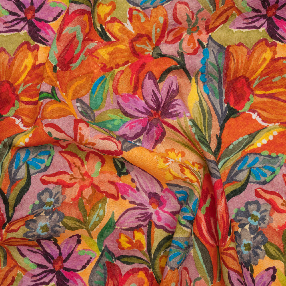 Linen and Rayon Woven - Purple, Orange and Green Painterly Flower Jungle - Mood Exclusive Jungle Jubilee Print - Joann Fabrics