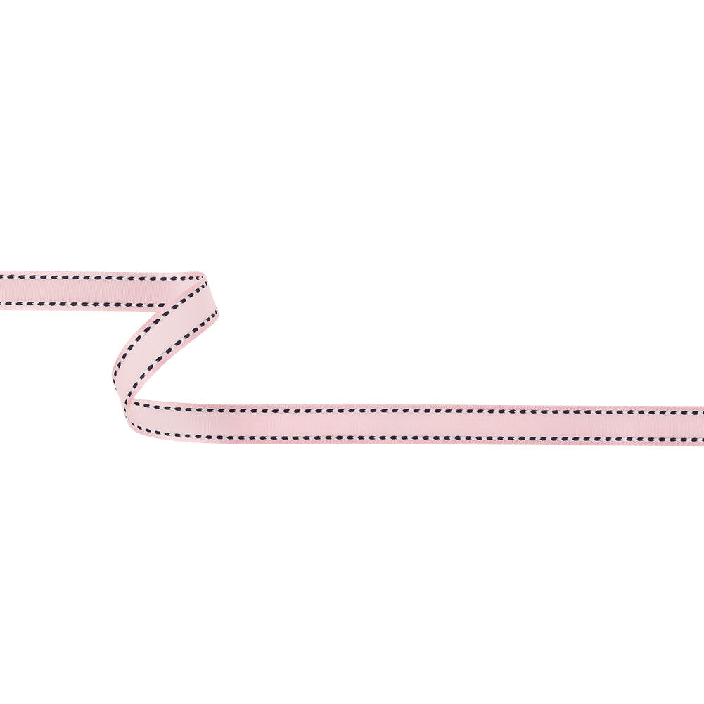 Baby Pink Woven Ribbon with Navy and White Stitched Border - 0.375