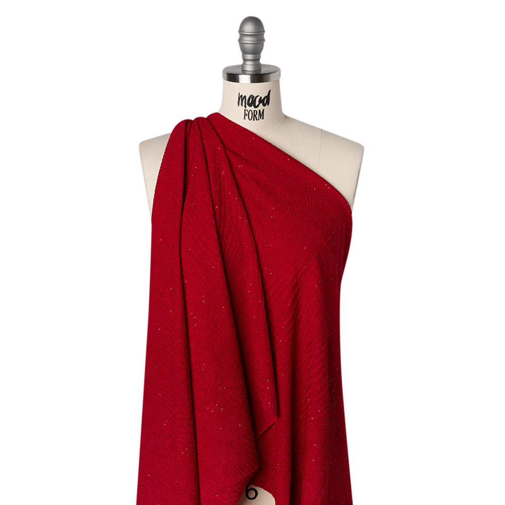 Textured Jacquard Double Knit with Glitter - Silver and Red Diamonds and Rays - Designer Deadstock - Joann Fabrics
