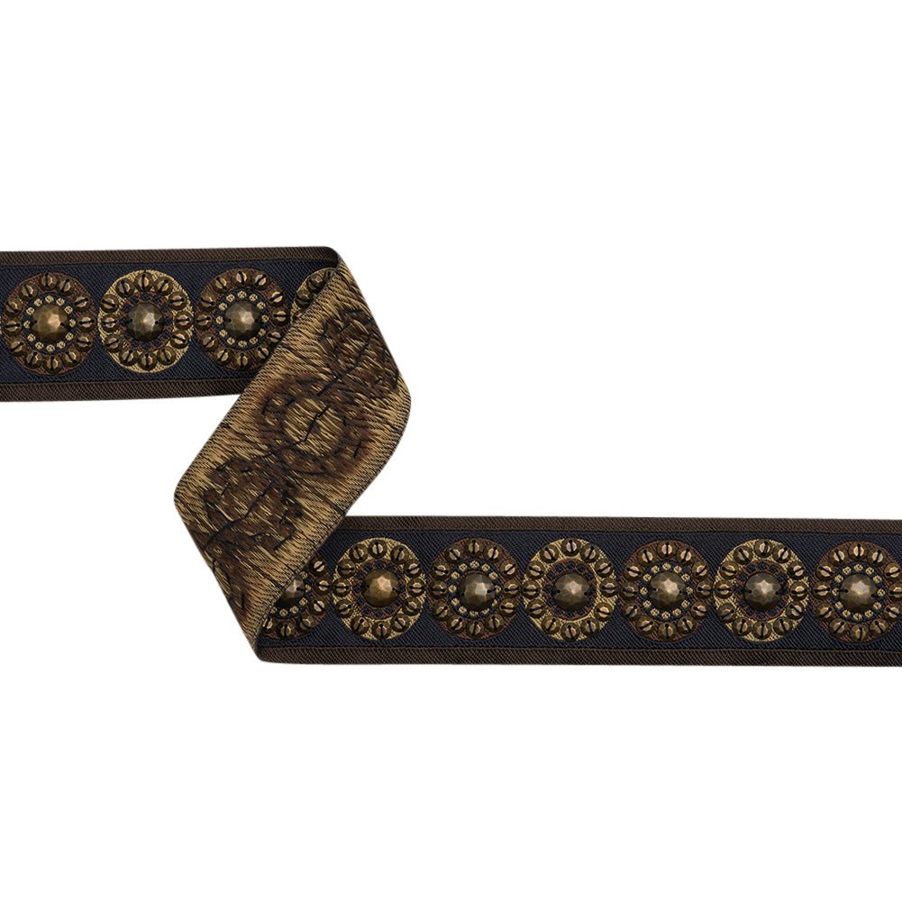 Yaya Han Beaded Jacquard Ribbon Trim - Nairobi Black, Brown and Antique Gold Circles, 1.875