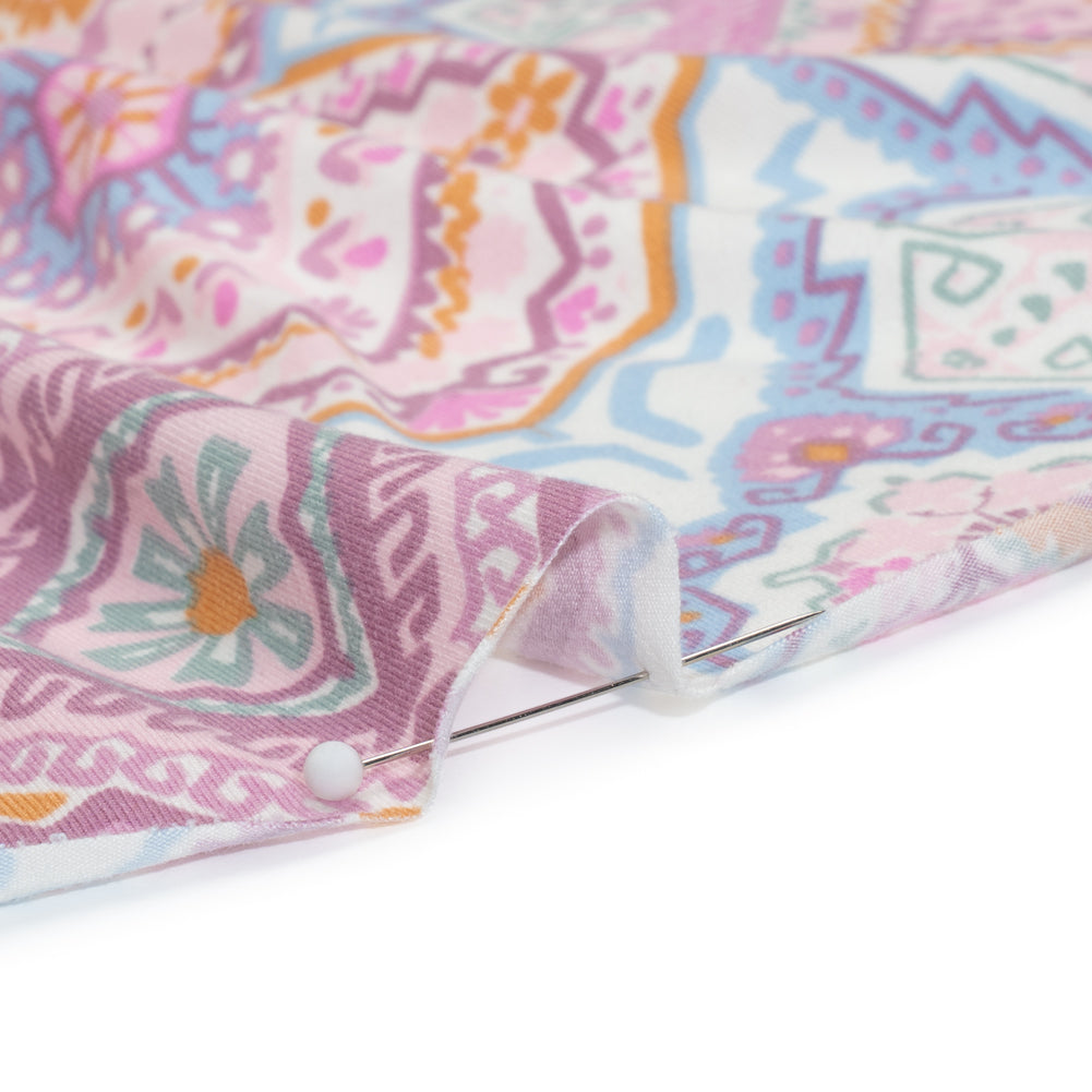 Stretch Polyester Jersey - Pale Pink, Baby Blue, and Golden Yellow Geometric Medallions - Joann Fabrics