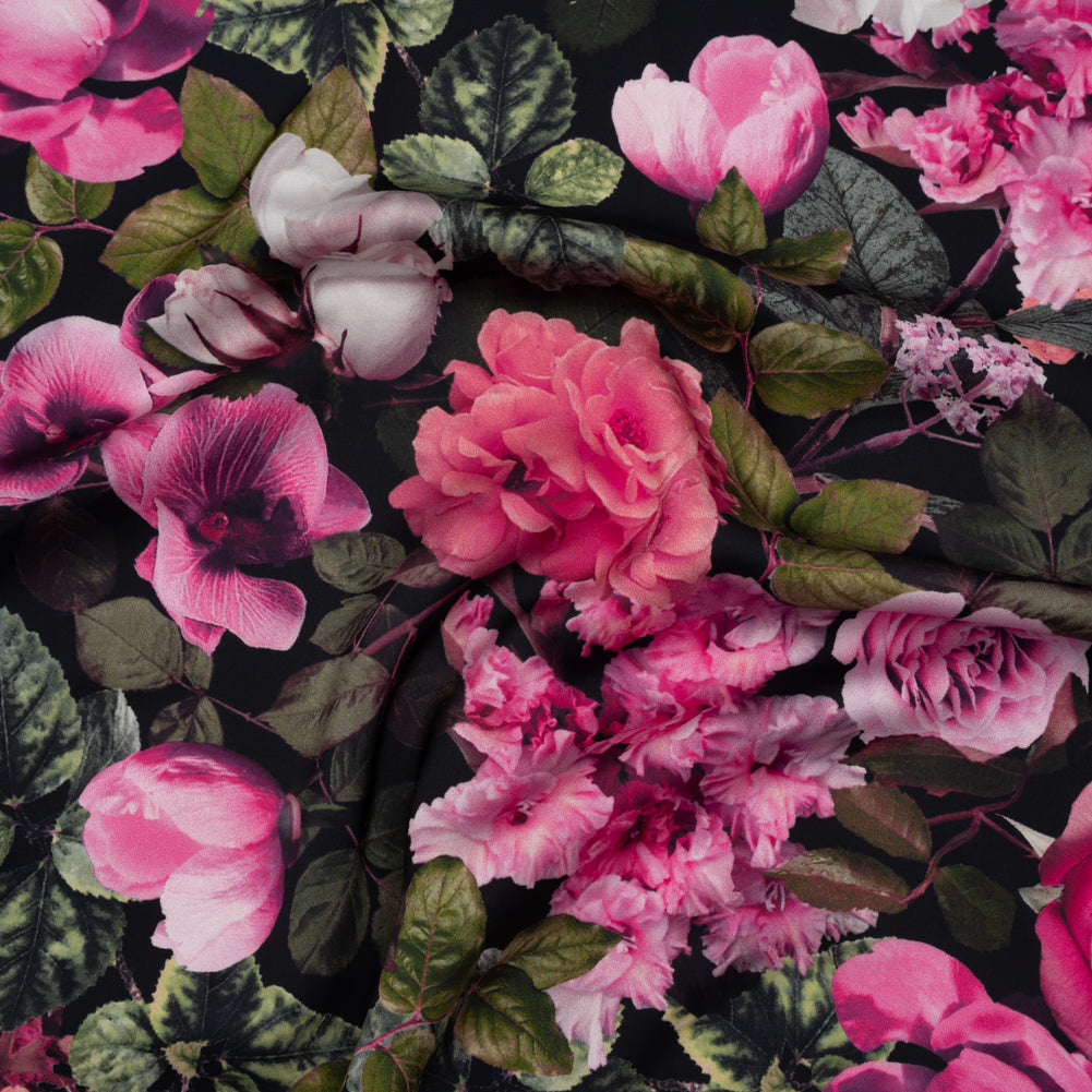 Polyester Satin - Pink, Green and Black Photorealistic Florals - Mood Exclusive Petals After Dark Print - Joann Fabrics
