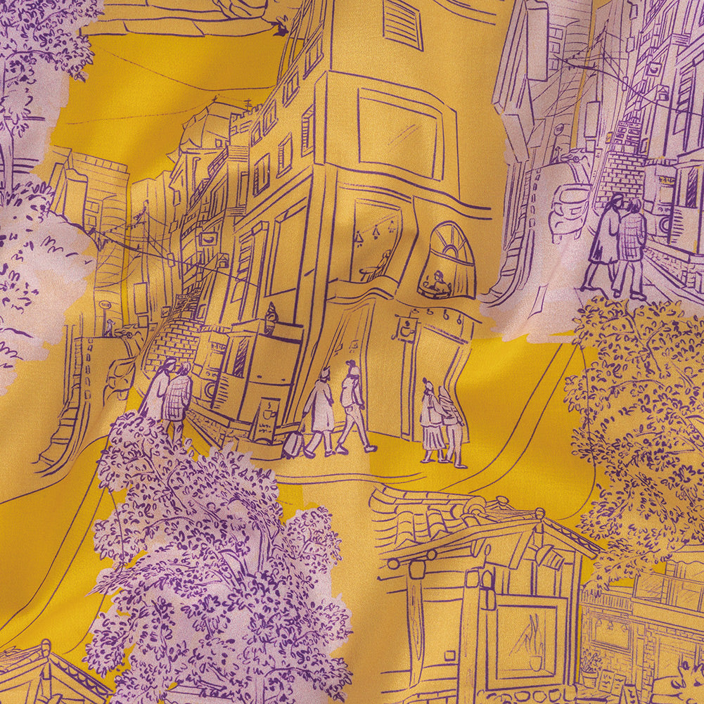 Cotton Voile - Orange and Fair Orchid Streetscapes and Trees - Growing Roots Print - Mood Exclusive Wisteria Collection - Joann Fabrics