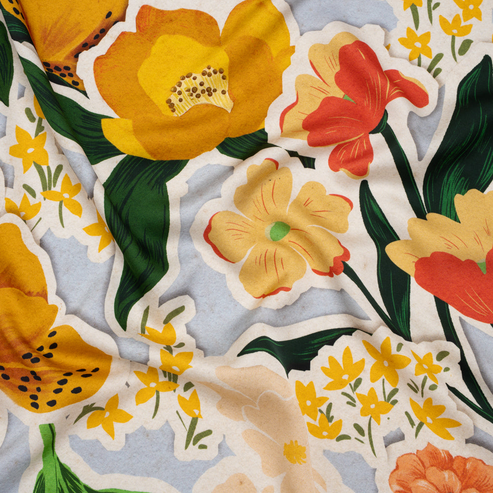 Polyester Satin - Pale Blue, Green and Orange Flowers Collage - Mood Exclusive Clipped Botanicals Print - Joann Fabrics