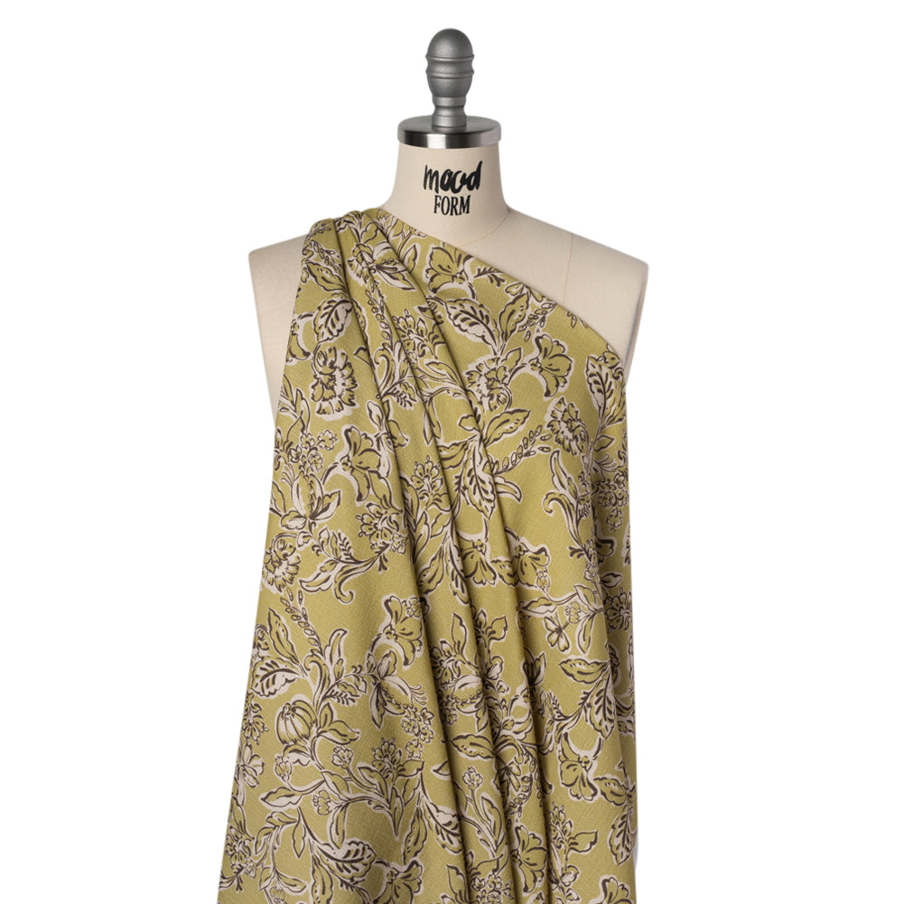 Slubbed Gauzy Cotton Woven - Pistachio Green, Cream and Dark Brown Floral - Mood Exclusive Cottage Crawl Print - Joann Fabrics