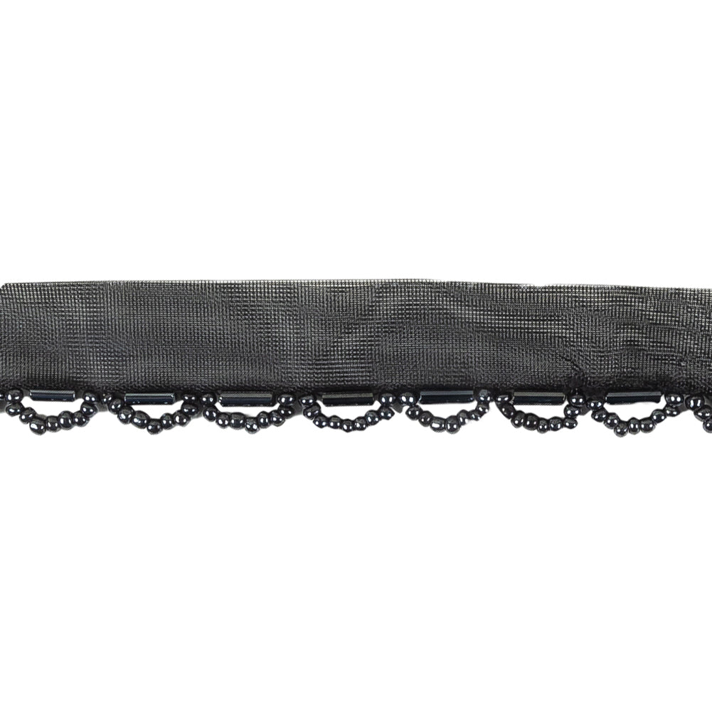 Vintage Black and Gunmetal Seed and Bugle Beaded Scalloped Trim - 0.75