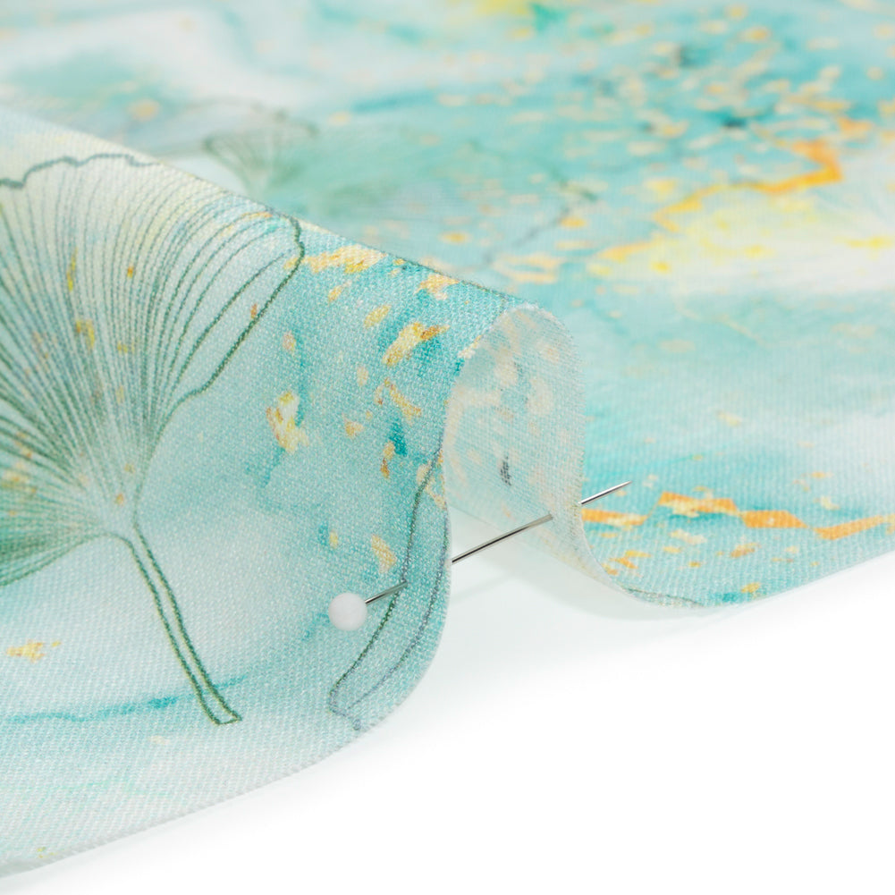 Dark Aqua and Sunshine Floating Ginkgo Leaves Medium Weight Linen Woven - Joann Fabrics