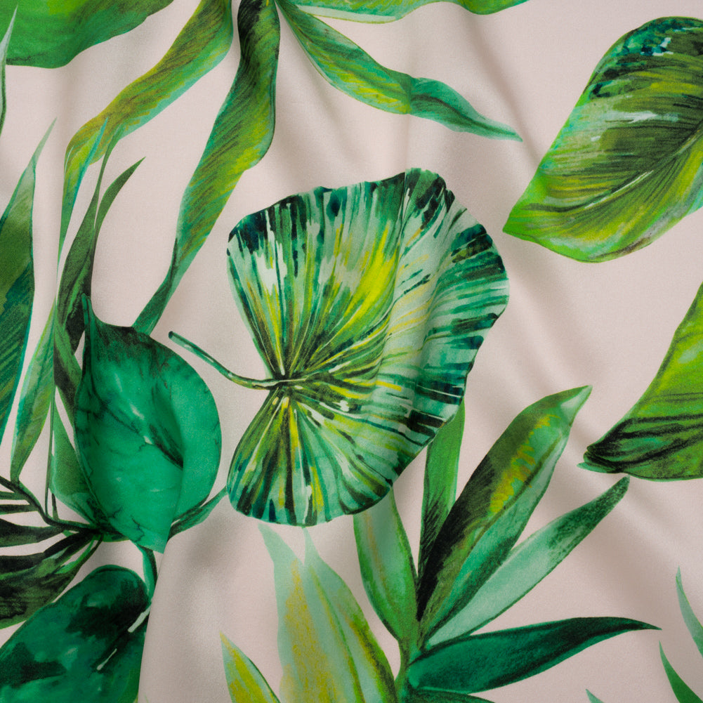 Silk Charmeuse Print 16MM, Made in Italy - Cream and Green Tropical Leaves - Joann Fabrics