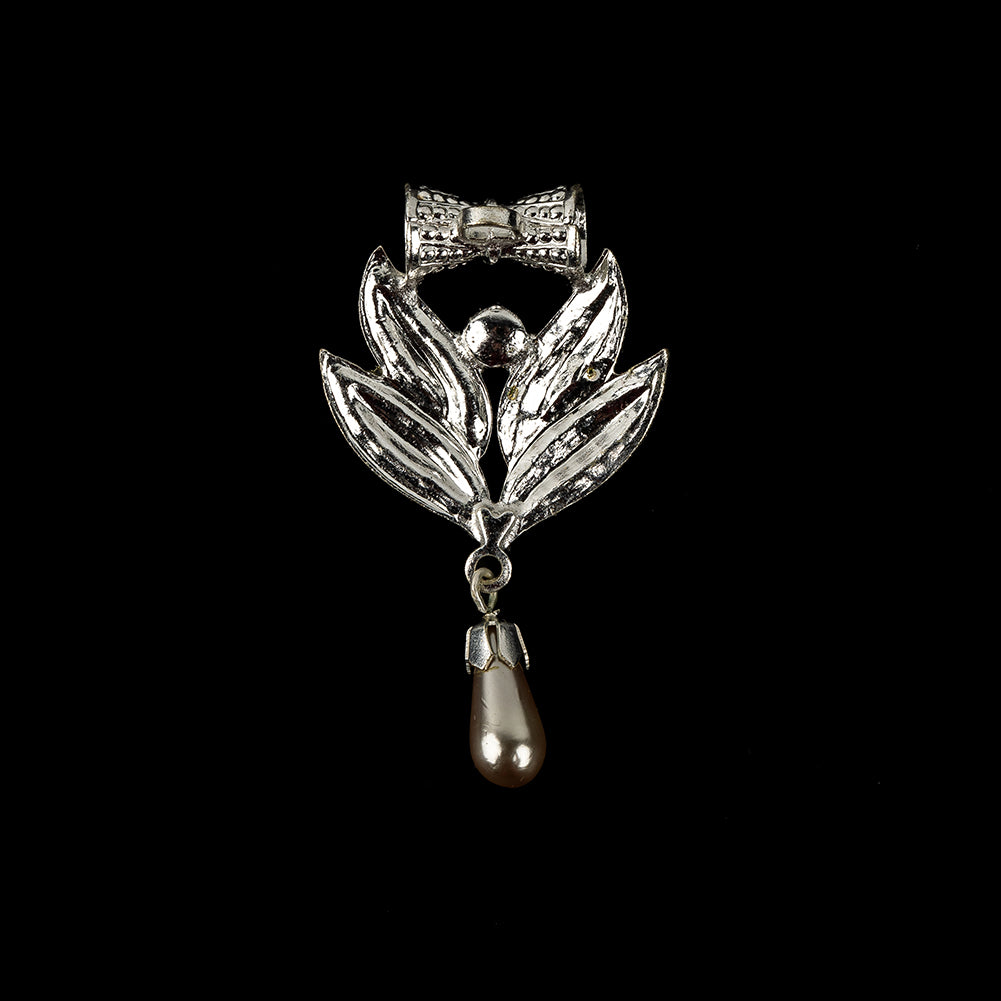 Vintage Crystal Rhinestones and Silver Metal Pearl Drop Classical Ornament with Bow - 1.625