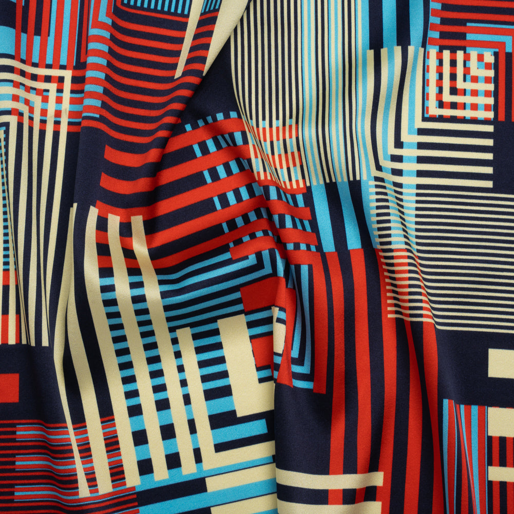 Stretch Silk Charmeuse Print - Red, Blue and Pale Yellow Striped Geometrics - Deadstock - Joann Fabrics