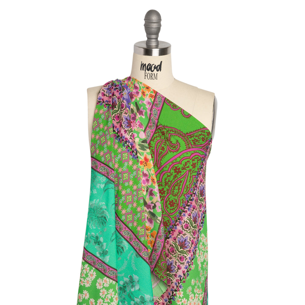 Viscose Crepe Print - Green, Turquoise and Purple Floral and Paisley Stripes - Mood Exclusive April in Patterns - Joann Fabrics