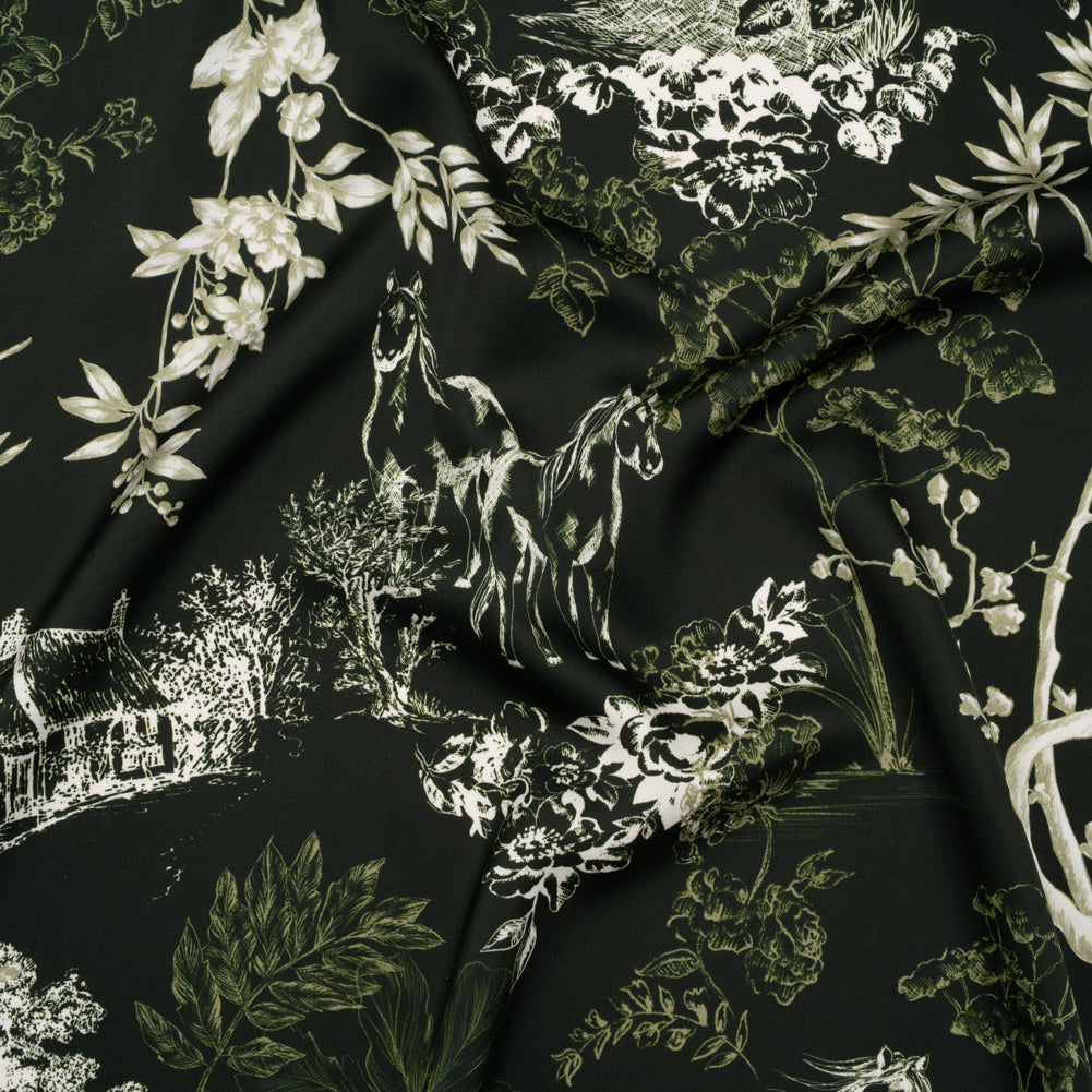 Polyester Satin - Dark Green and White Plants and Horses - Mood Exclusive Bridle and Branch Print - Joann Fabrics